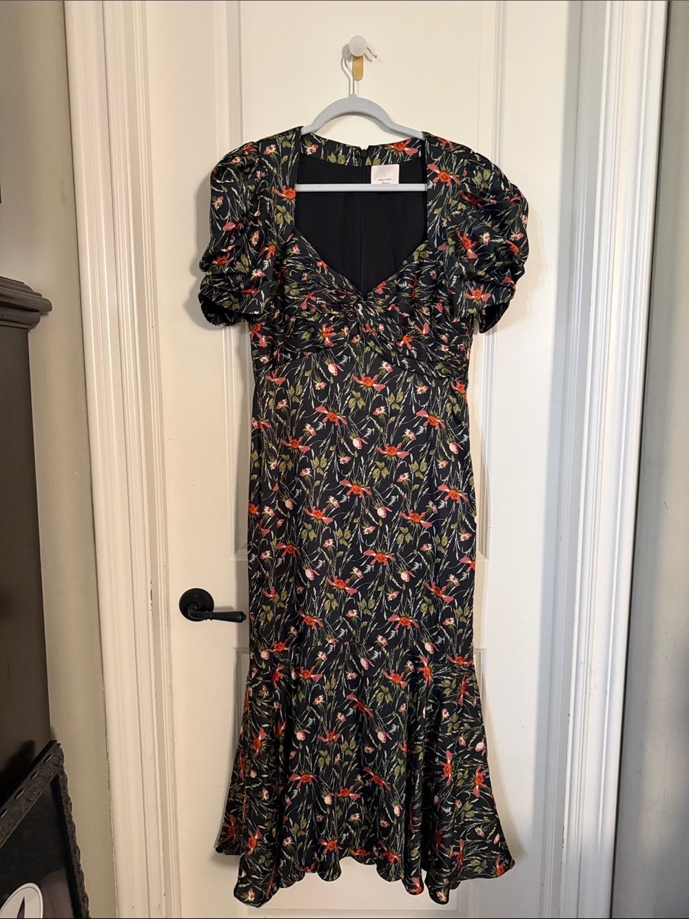cinq a sept Black Floral Midi Dress with Puff Sleeves